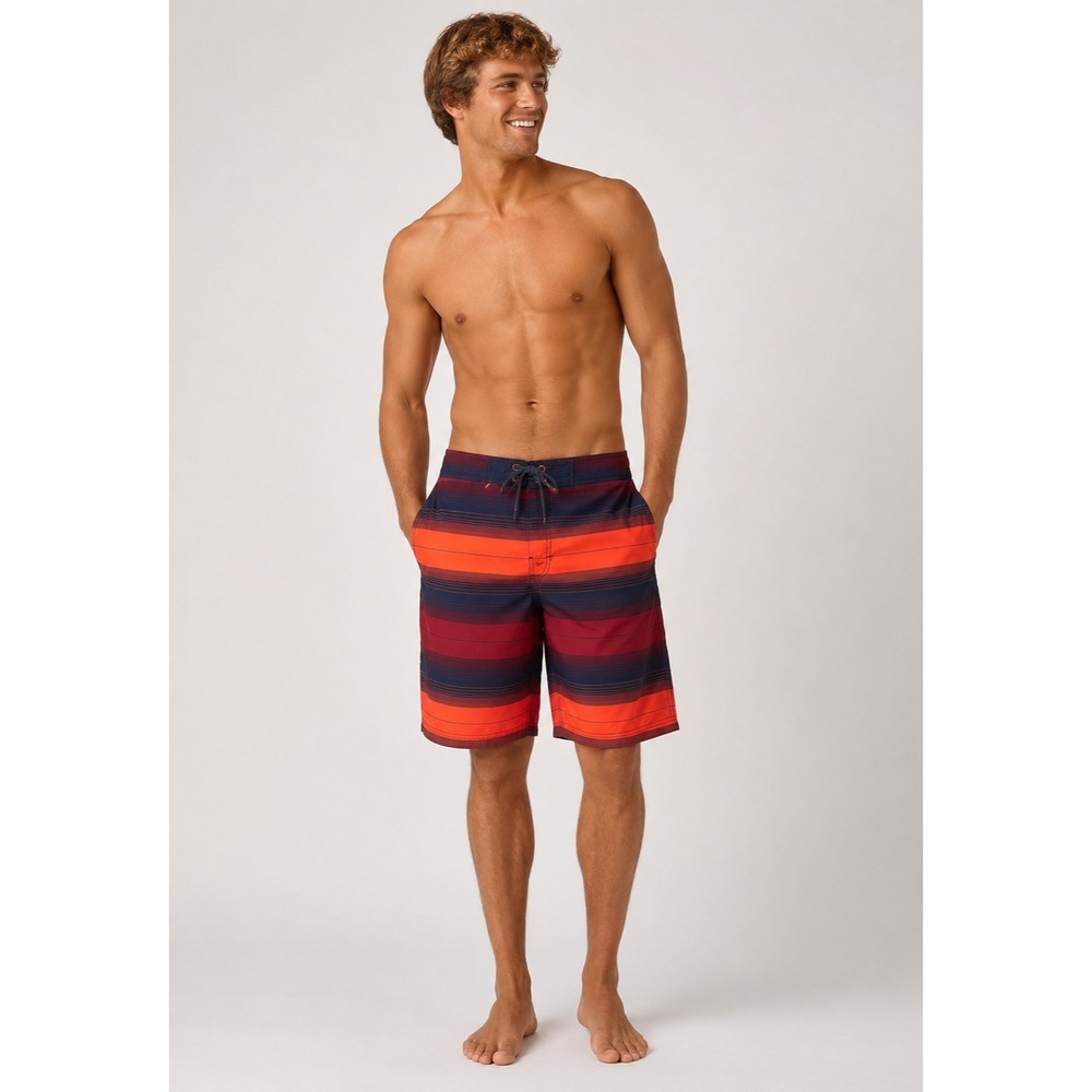 Speedo Swim Trunks Mens Large Orange Red Black Stripe Mesh Lined Pockets